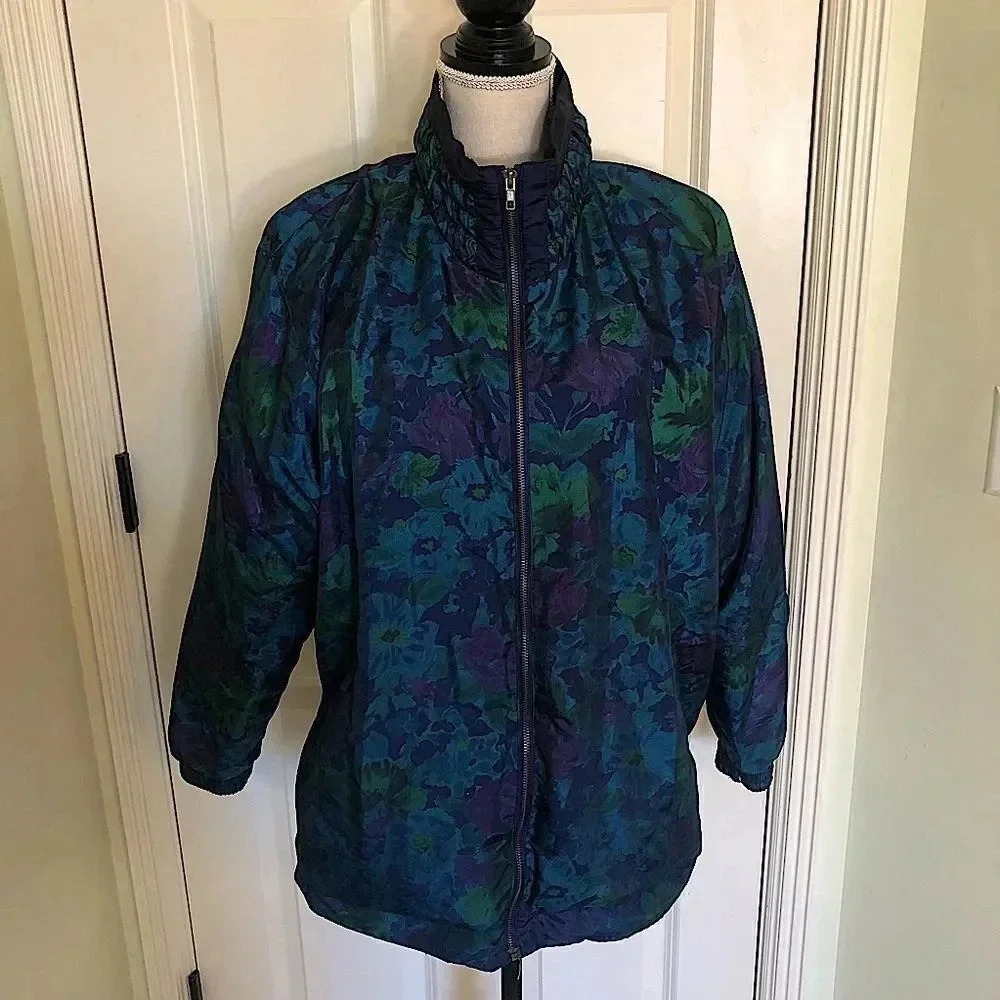 Vintage Lavon blue granny floral puff‎ sleeve zipper jacket L